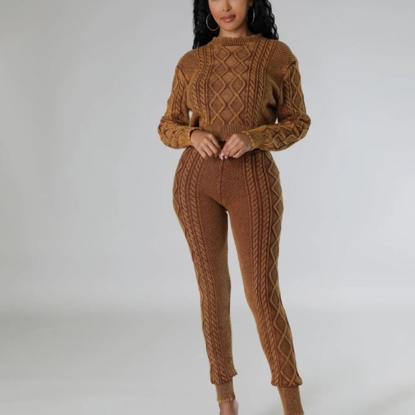 Vintage Rhombus Sweater Two Piece Set - Women's Autumn/Winter Knitted Crop Top + Pants - Slim Streetwear Matching Sets